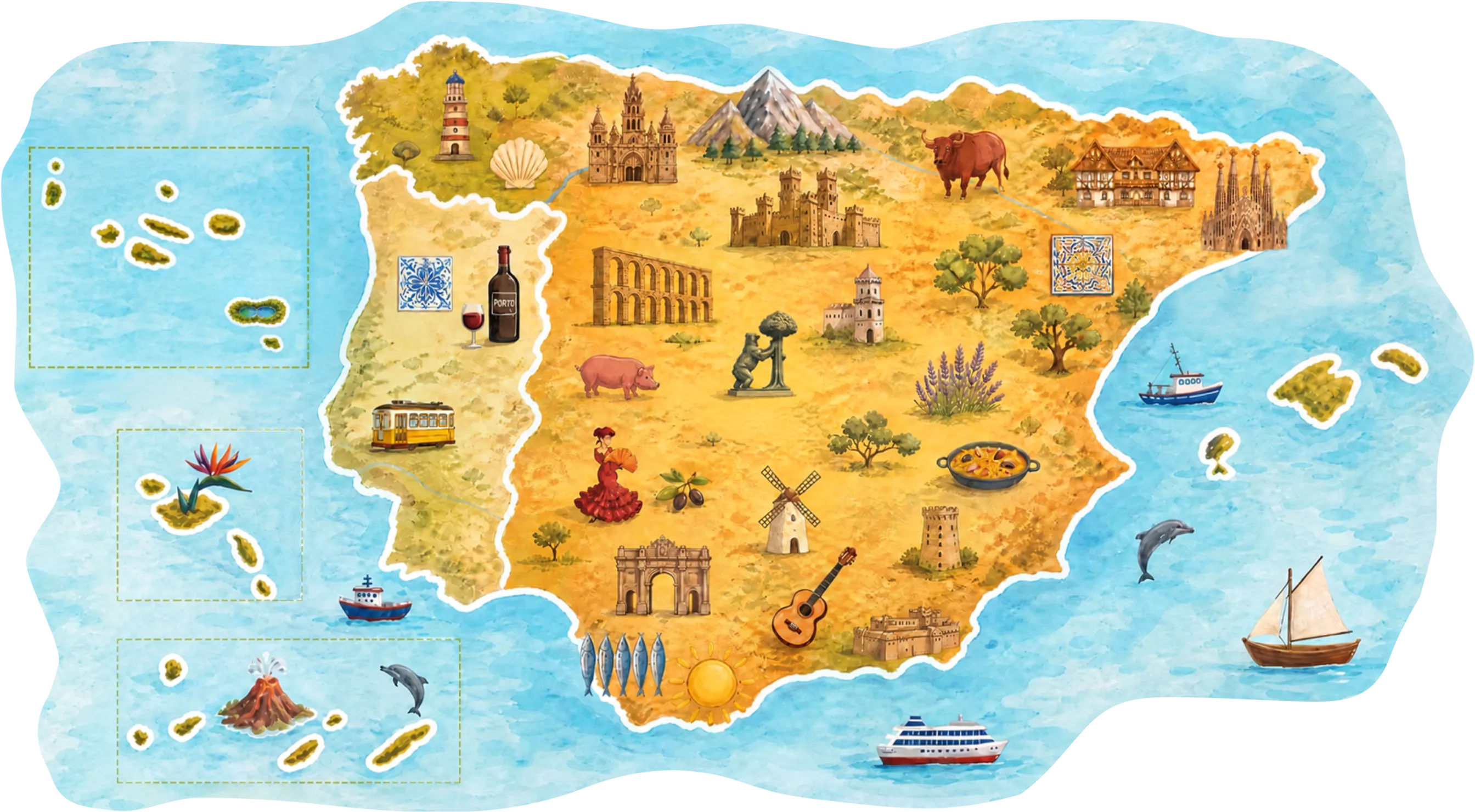 Mapa ilustrado de Espanha e Portugal com os destinos da Cititravel